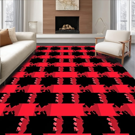 ODIKA 4'x6' Machine Washable Non-Slip Area Rug, Classic Buffalo Check With Vintage Festive Charm High Traffic Rug, Red, 652205