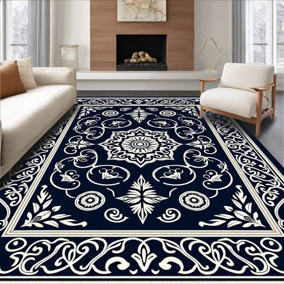 ODIKA 4'x6' Machine Washable Non-Slip Area Rug, Classic Damask Inspired Floral Scroll with Subtle Interlocking High Traffic Rug, Black, 438923