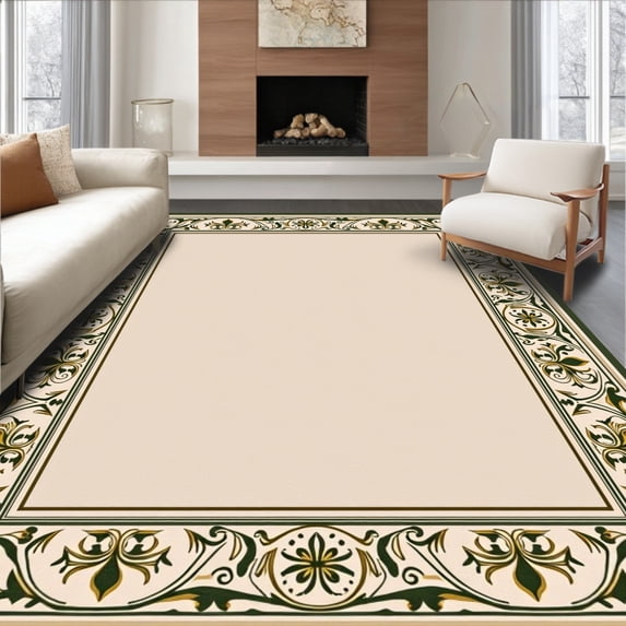 ODIKA 4'x6' Machine Washable Non-Slip Area Rug, Classic Damask Revival with Interlocking and Fleur De Highlights High Traffic Rug, Beige, 669093