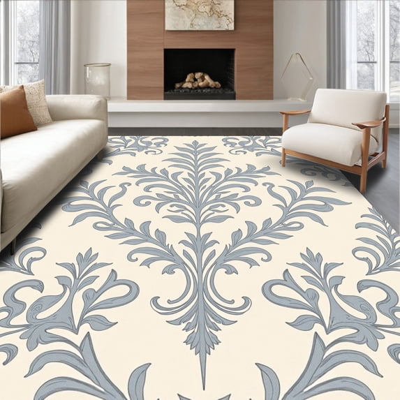 ODIKA 4'x6' Machine Washable Non-Slip Area Rug, Classic Damask Swirl Motif Transitional Elegant Charm High Traffic Rug, Ivory, 659028