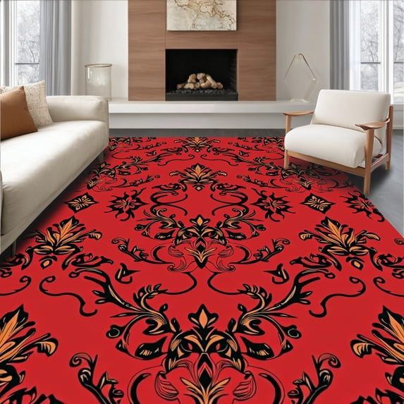 ODIKA 4'x6' Machine Washable Non-Slip Area Rug, Classic Damask with Refined Leafy Vines and Curvilinear Shapes High Traffic Rug with Pad, Red, 545638