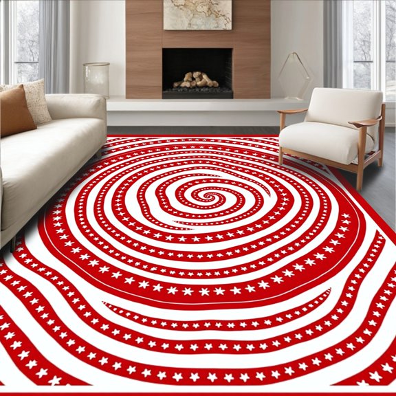 ODIKA 4'x6' Machine Washable Non-Slip Area Rug, Classic Holiday Cane Spiral with Subtle Frosty Embellishments High Traffic Rug, Red, 623453