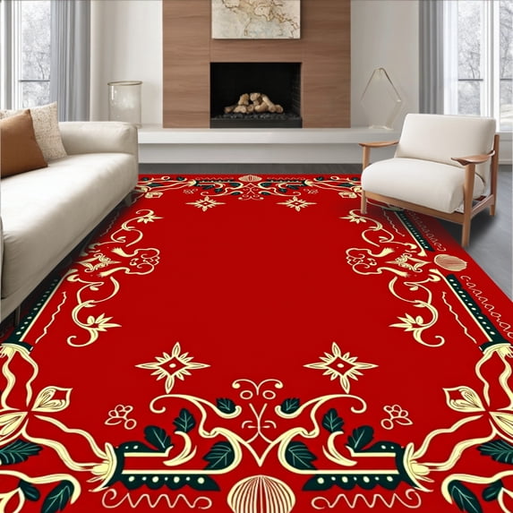 ODIKA 4'x6' Machine Washable Non-Slip Area Rug, Classic Holiday Scrollwork with Festive Berries and Ornate Ribbon Flourishes High Traffic Rug with Pad, Red, 611549