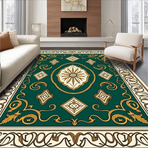 ODIKA 4'x6' Machine Washable Non-Slip Area Rug, Classic Interlocking Medallion with Art Nouveau Ornamentation High Traffic Rug, Green, 475254