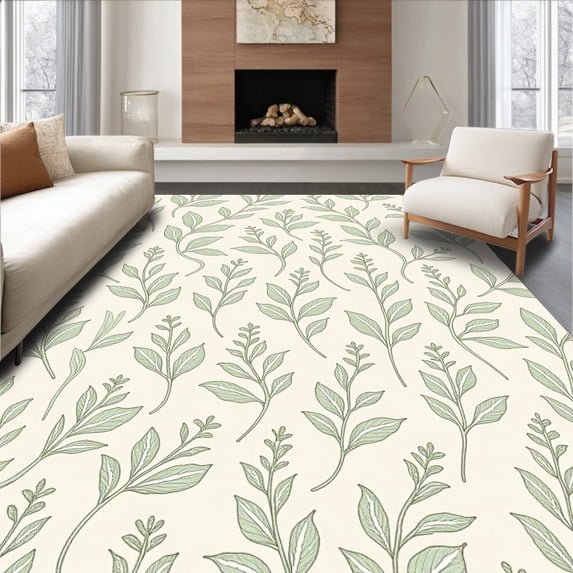 ODIKA 4'x6' Machine Washable Non-Slip Area Rug, Classic Ivy and Blossom with Refined Curvilinear Details High Traffic Rug, Ivory, 451638