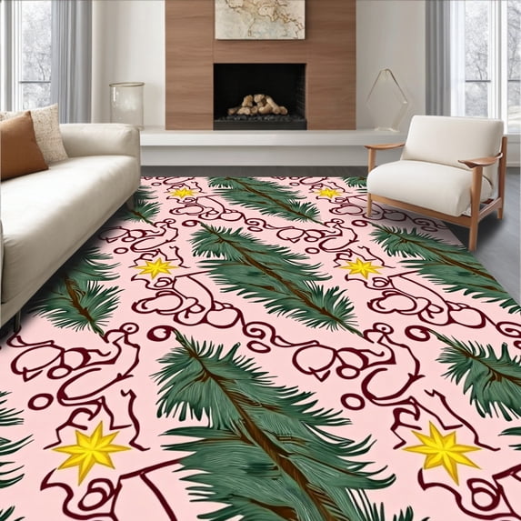 ODIKA 4'x6' Machine Washable Non-Slip Area Rug, Classic Nordic Pine Tree Motifs with Interlocking Starbursts and Scrollwork High Traffic Rug with Pad, Pink, 653199