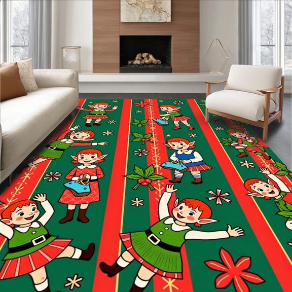 ODIKA 4x6 Machine Washable Non-Slip Area Rug, Classic North Pole Magic Whimsical Enchanted Seasonal Display High Traffic Rug, Green, 609275