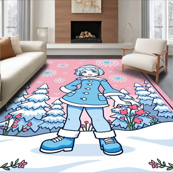 ODIKA 4'x6' Machine Washable Non-Slip Area Rug, Classic North Pole Washroom Showcasing Cheerful Friend High Traffic Rug with Pad, Pink, 737858