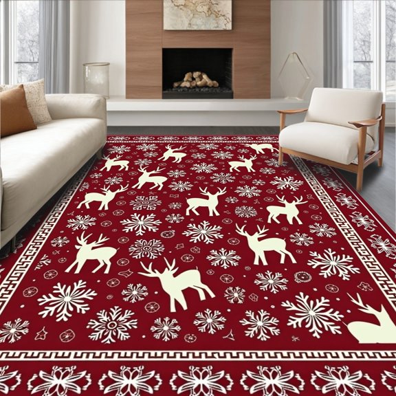 ODIKA 4'x6' Machine Washable Non-Slip Area Rug, Classic Scandinavian Holiday Reindeer with Interlocking Snow Blossom High Traffic Rug, Red, 638970