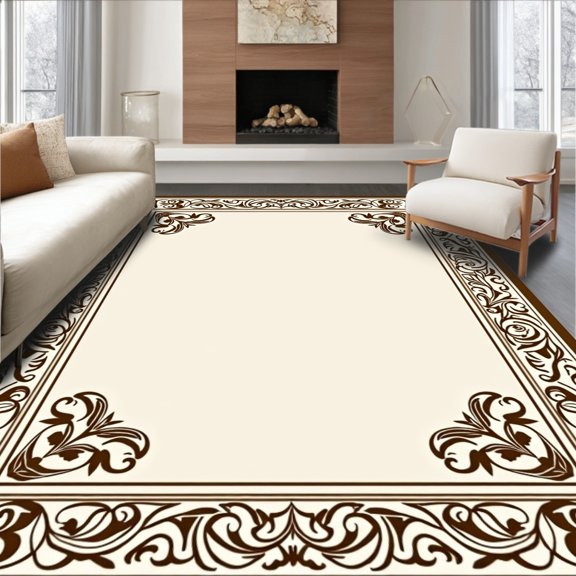 ODIKA 4x6 Machine Washable Non-Slip Area Rug, Classic Scroll Border with Interlocking Botanical Motifs High Traffic Rug, Brown, 470896