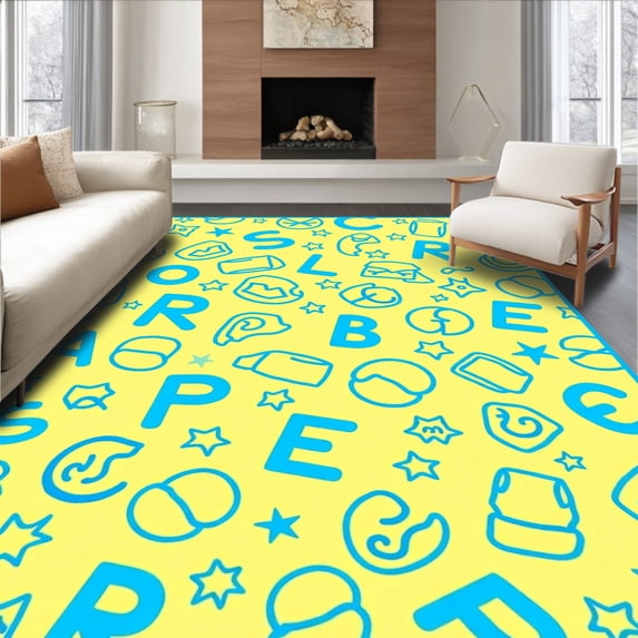 ODIKA 4x6 Machine Washable Non-Slip Area Rug, Classic Storybook Letter Parade with Doodle Symbols High Traffic Rug, Yellow, 699438