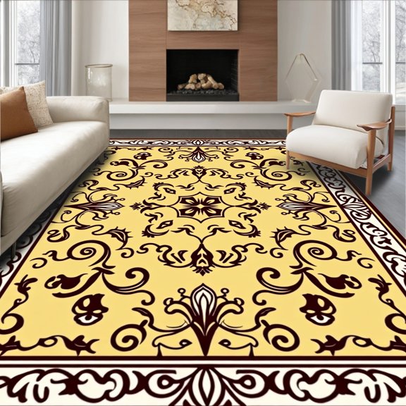 ODIKA 4'x6' Machine Washable Non-Slip Area Rug, Classic Victorian Scrollwork with Elegant Curves and Symmetrical Floral Accents High Traffic Rug, Yellow, 496613