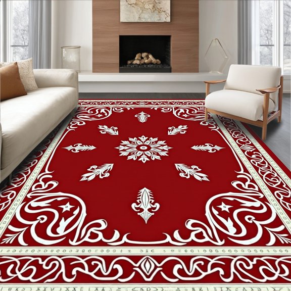 ODIKA 4'x6' Machine Washable Non-Slip Area Rug, Classic Vinework Medley with Elegant Interlocking Ornamental Motifs High Traffic Rug, Red, 657593