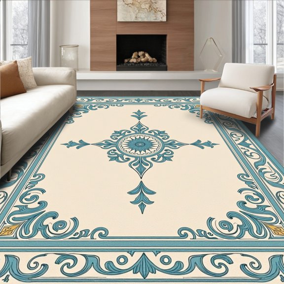 ODIKA 4'x6' Machine Washable Non-Slip Area Rug, Classic Worn with Elaborate Scrollwork and Faded Motifs High Traffic Rug, Blue, 663970