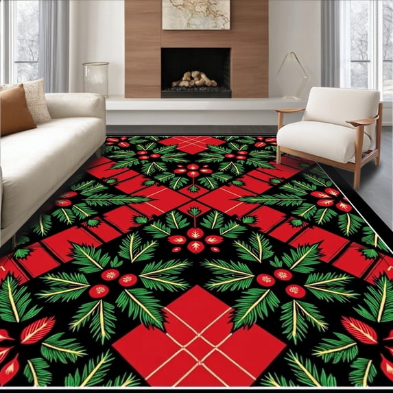 ODIKA 4'x6' Machine Washable Non-Slip Area Rug, Classic Yuletide Evergreen Branch Interwoven Tartan Design High Traffic Rug, Black, 651792