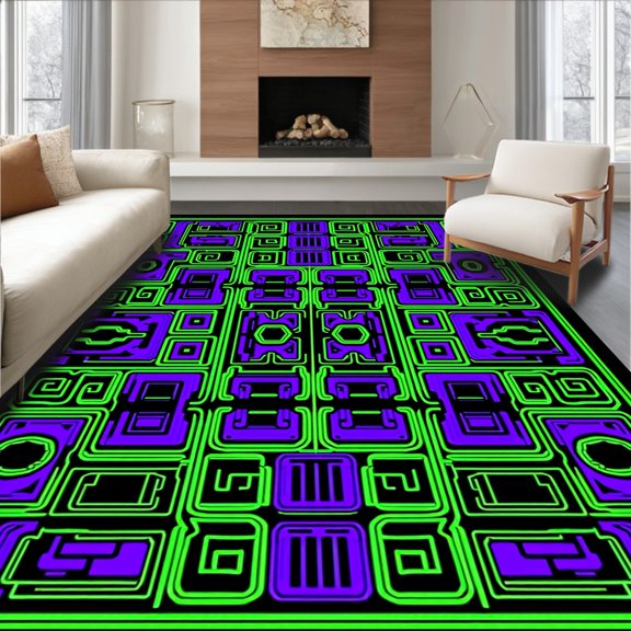 ODIKA 4'x6' Machine Washable Non-Slip Area Rug, Console Button Motif with Interlocking Circuit High Traffic Rug, Black, 459229