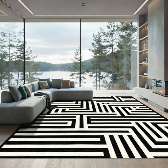 ODIKA 4'x6' Machine Washable Non-Slip Area Rug, Contemporary Black and Striped with Stylish Visual Depth High Traffic Rug, Black, 890015