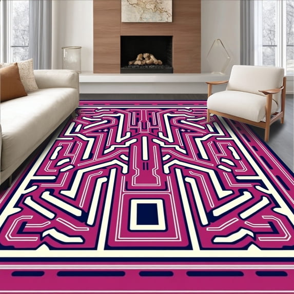 ODIKA 4'x6' Machine Washable Non-Slip Area Rug, Contemporary Fretwork Maze with Abstract High Traffic Rug, Pink, 531734