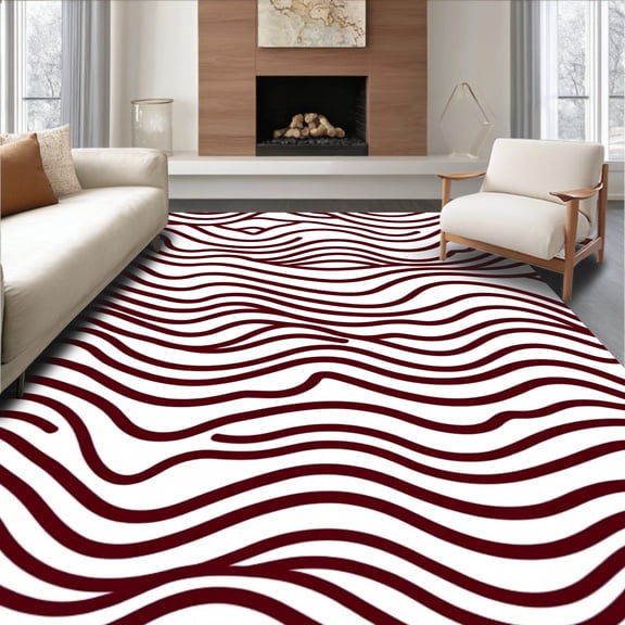 ODIKA 4'x6' Machine Washable Non-Slip Area Rug, Stylish Abstract Wavy Stripe Comfy Modern Throw High Traffic Rug, Maroon, 504673