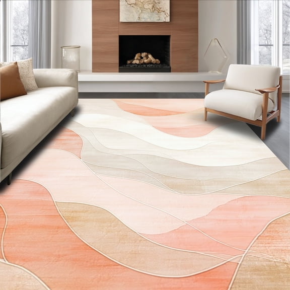 ODIKA 4'x6' Machine Washable Non-Slip Area Rug, Peachy Pastel Gradient Featuring Swirling Wave High Traffic Rug, Peach, 184459
