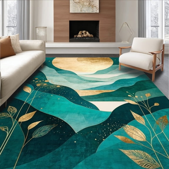ODIKA 4'x6' Machine Washable Non-Slip Area Rug, Teal & Gold High Traffic Rug, Teal, 211474