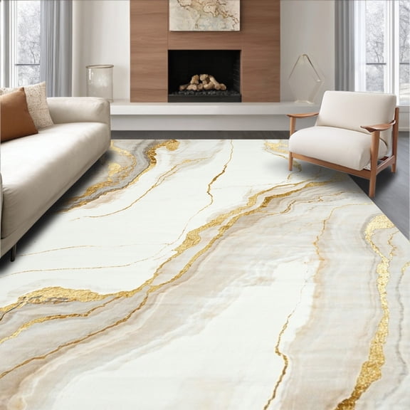 ODIKA 4'x6' Machine Washable Non-Slip Area Rug, Subtle Marble Effect Neutral Abstract Large High Traffic Rug with Pad, White, 44275