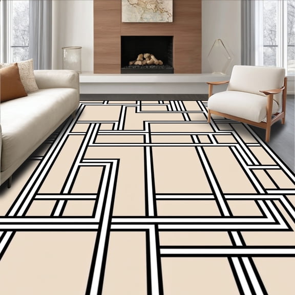 ODIKA 4'x6' Machine Washable Non-Slip Area Rug, Contemporary Maze Labyrinth Abstract Interlocking Network High Traffic Rug, Beige, 497187
