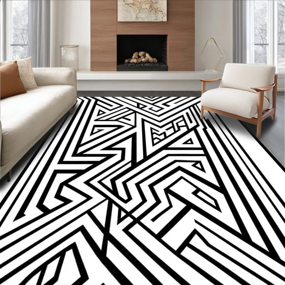 ODIKA 4x6 Machine Washable Non-Slip Area Rug, Contemporary Maze Labyrinth Artistic Zigzag High Traffic Rug, Black, 460898