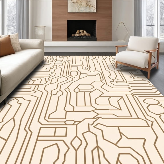ODIKA 4'x6' Machine Washable Non-Slip Area Rug, Contemporary Maze Labyrinth Hexagonal Tessellation Graphic Print High Traffic Rug, Beige, 476328