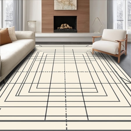 ODIKA 4'x6' Machine Washable Non-Slip Area Rug, Contemporary Maze Labyrinth Minimalist Architectural Blueprint High Traffic Rug, Ivory, 531429