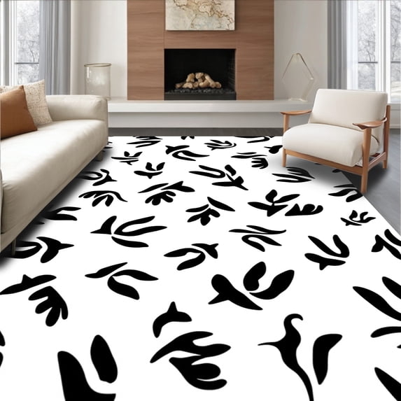 ODIKA 4'x6' Machine Washable Non-Slip Area Rug, Contemporary Wildlife Inspired Minimalist Designer Floor High Traffic Rug, Black, 614057