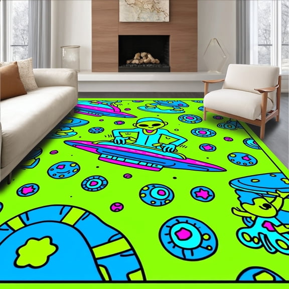 ODIKA 4'x6' Machine Washable Non-Slip Area Rug, Cosmic Adventure Playground Showcasing UFO Spaceships and Aliens High Traffic Rug, Green, 723699
