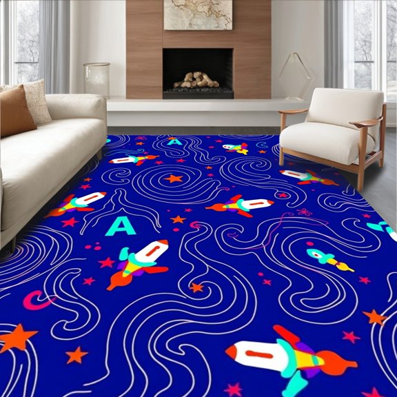 ODIKA 4x6 Machine Washable Non-Slip Area Rug, Cosmic Galaxy Learning Map With ABC Constellations And Rocket Ships High Traffic Rug, Blue, 699791