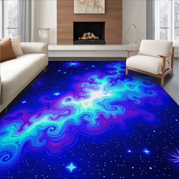 ODIKA 4x6 Machine Washable Non-Slip Area Rug, Cosmic Nebula Latch Hook Celestial Galaxy Needlework High Traffic Rug, Blue, 634298