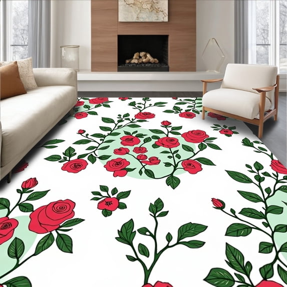 ODIKA 4'x6' Machine Washable Non-Slip Area Rug, Cottage Garden Floral Medallion with Vintage Rose Clusters High Traffic Rug with Pad, Red, 476969