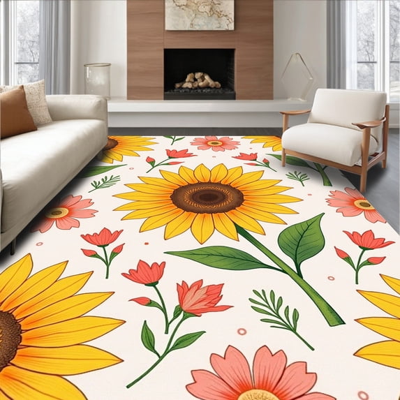 ODIKA 4'x6' Machine Washable Non-Slip Area Rug, Cottage Garden Sunburst Floral with Hand Painted Blossom Details High Traffic Rug, Yellow, 511465
