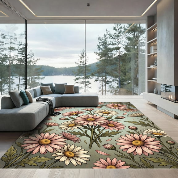 ODIKA 4x6 Machine Washable Non-Slip Area Rug, Cottagecore Blush Pink High Traffic Rug, Pink, 1263576