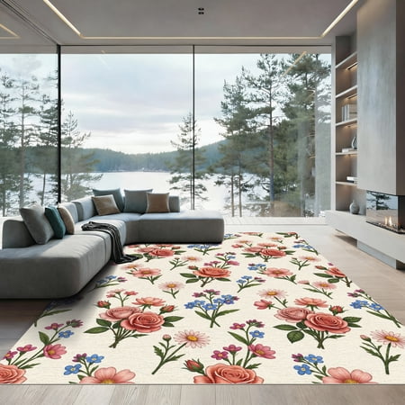 ODIKA 4'x6' Machine Washable Non-Slip Area Rug, Cottagecore Cream High Traffic Rug, Ivory, 958314