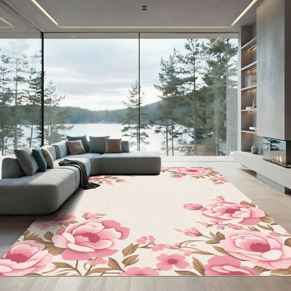 ODIKA 4'x6' Machine Washable Non-Slip Area Rug, Cottagecore Pink High Traffic Rug, Pink, 1022480