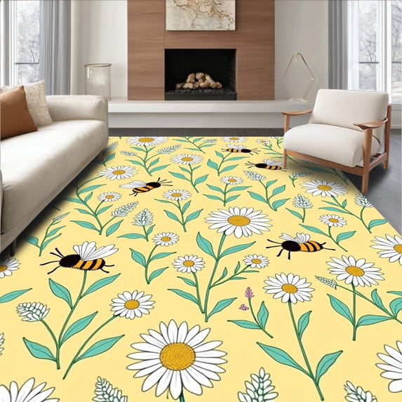 ODIKA 4'x6' Machine Washable Non-Slip Area Rug, Cottagecore Wild Animals and Daisy with Garden Foliage High Traffic Rug with Pad, Yellow, 681796