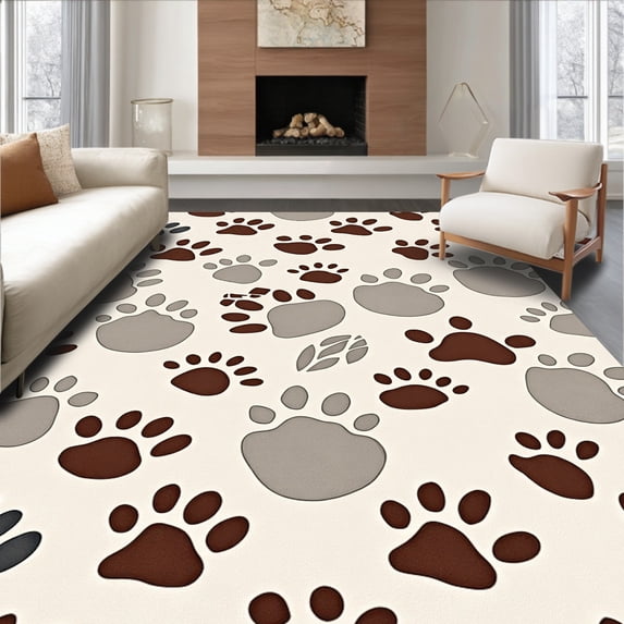 ODIKA 4'x6' Machine Washable Non-Slip Area Rug, Country Farmhouse Animal Print Floor with Paw Tracks High Traffic Rug with Pad, Brown, 612356