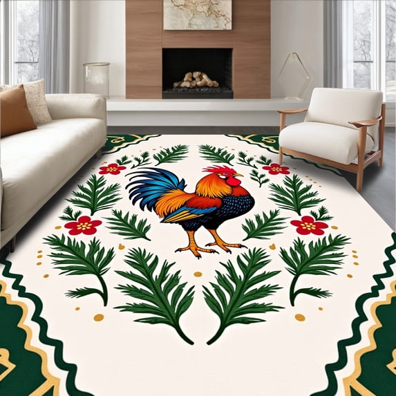 ODIKA 4'x6' Machine Washable Non-Slip Area Rug, Country Farmyard Rooster Collage Featuring Pine Boughs and Festive Berries High Traffic Rug with Pad, Green, 622003