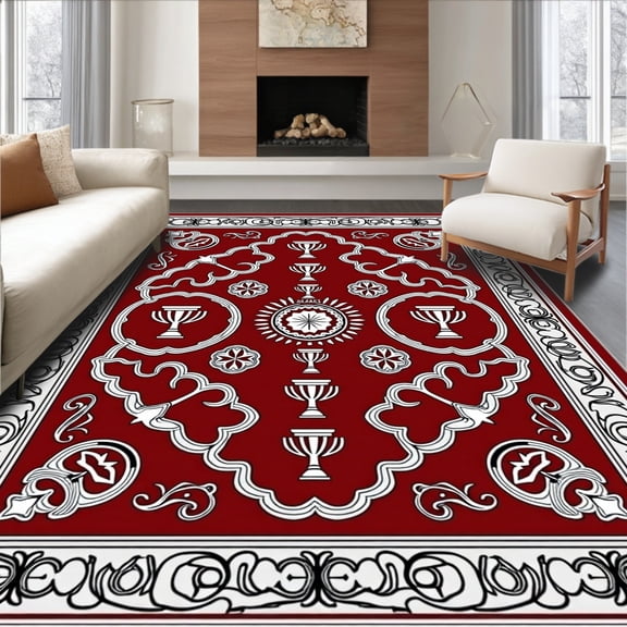ODIKA 4'x6' Machine Washable Non-Slip Area Rug, Crimson Medallion Entrance With Embossed Trophy Symbol High Traffic Rug, Red, 676309