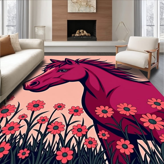 ODIKA 4'x6' Machine Washable Non-Slip Area Rug, Crochet Hook Kit Wild Mustang Design Canvas Project High Traffic Rug, Pink, 635416
