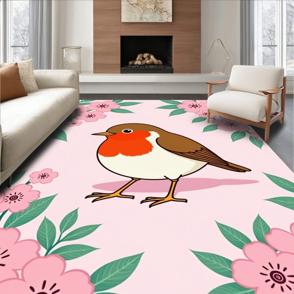 ODIKA 4'x6' Machine Washable Non-Slip Area Rug, Crochet Yarn Embroidery Redbreast Stitching Project Cushion Cover High Traffic Rug, Pink, 648640