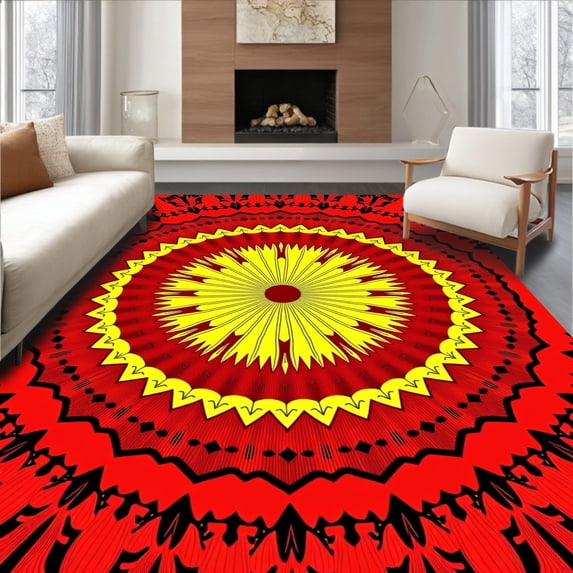 ODIKA 4'x6' Machine Washable Non-Slip Area Rug, Crochet Yarn Sunburst Hooking Embroidery Arts Cushion Design High Traffic Rug, Red, 634567