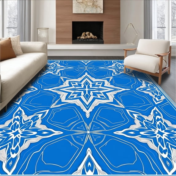 ODIKA 4'x6' Machine Washable Non-Slip Area Rug, Crystal Iceflake Cascade Featuring Stylized Snow Forms High Traffic Rug, Blue, 629835