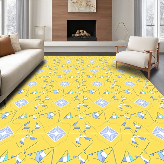 ODIKA 4'x6' Machine Washable Non-Slip Area Rug, Crystalline Faceted Mosaic with Angular Prism Reflections High Traffic Rug, Yellow, 524611
