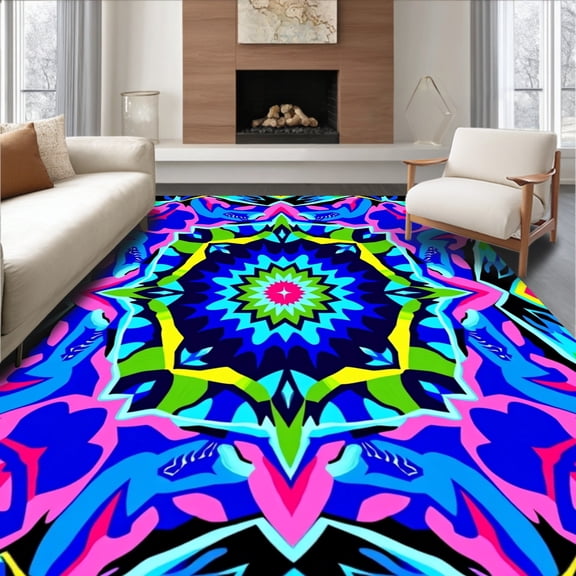ODIKA 4'x6' Machine Washable Non-Slip Area Rug, Crystalline Prism Kaleidoscope Radiant Splash High Traffic Rug, Blue, 664209