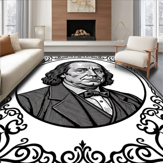 ODIKA 4'x6' Machine Washable Non-Slip Area Rug, Currency Inspired Artistic Motif Featuring Benjamin Portrait High Traffic Rug with Pad, Black, 666567